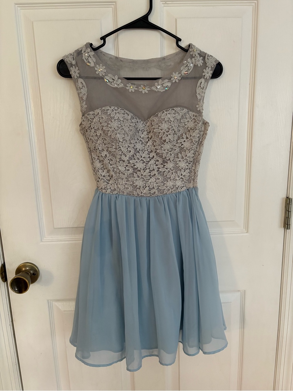Deb Dusty Blue Lace Bodice Chiffon Dress
